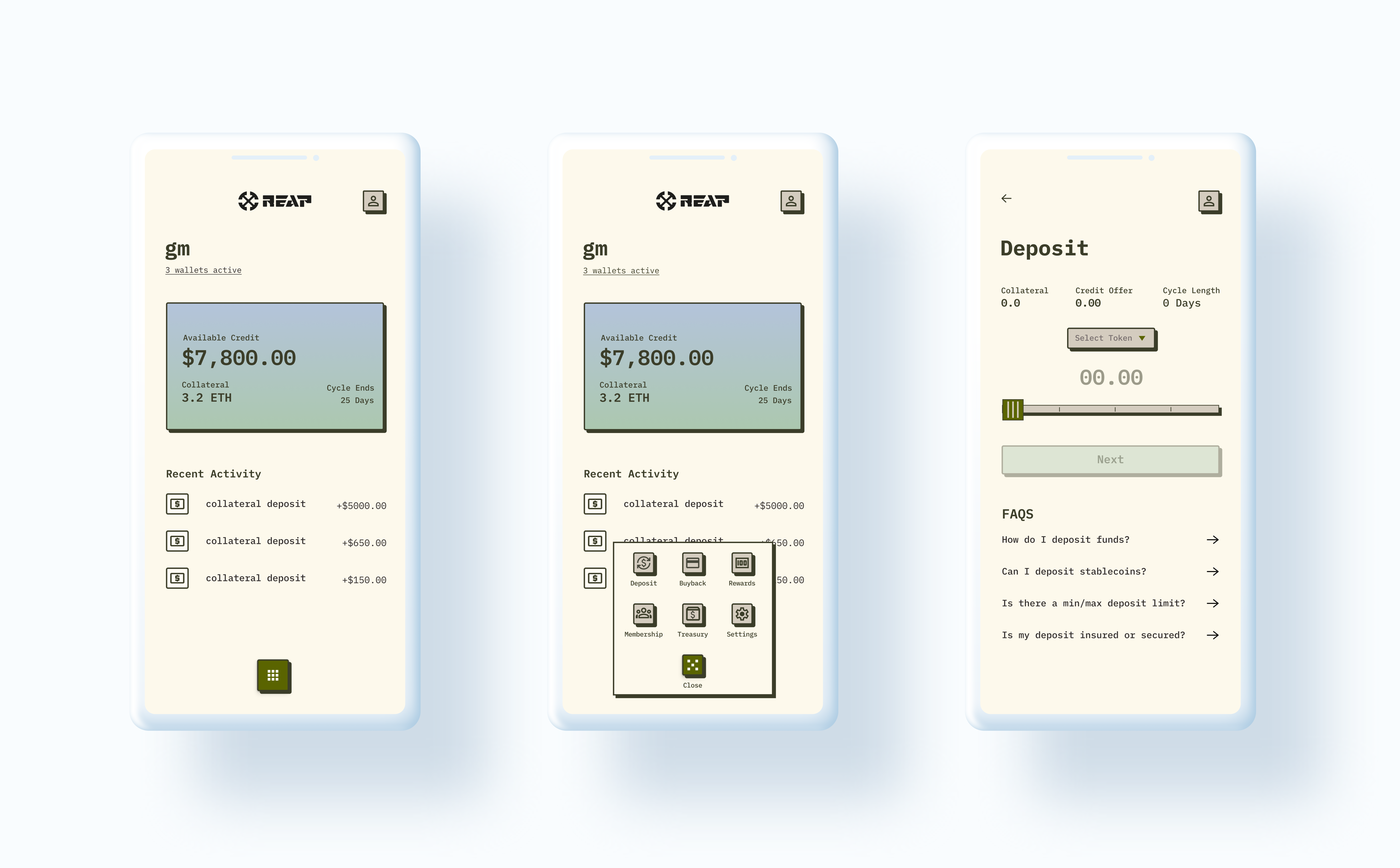 Reap Exchange wallet app screens